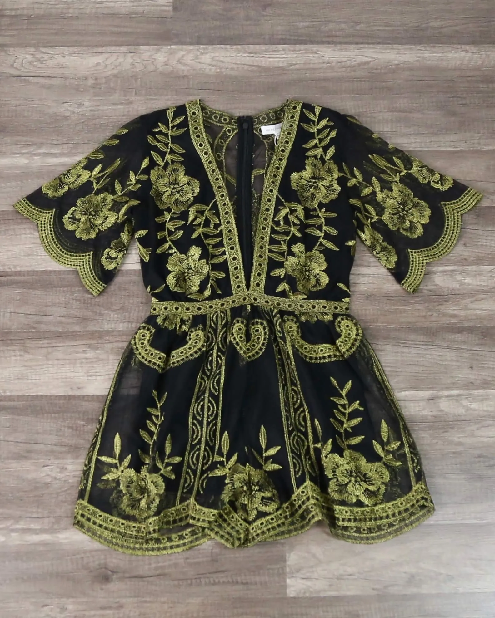 Honey Punch - As You Wish Contrasting Embroidered Lace Romper in Black/Gold