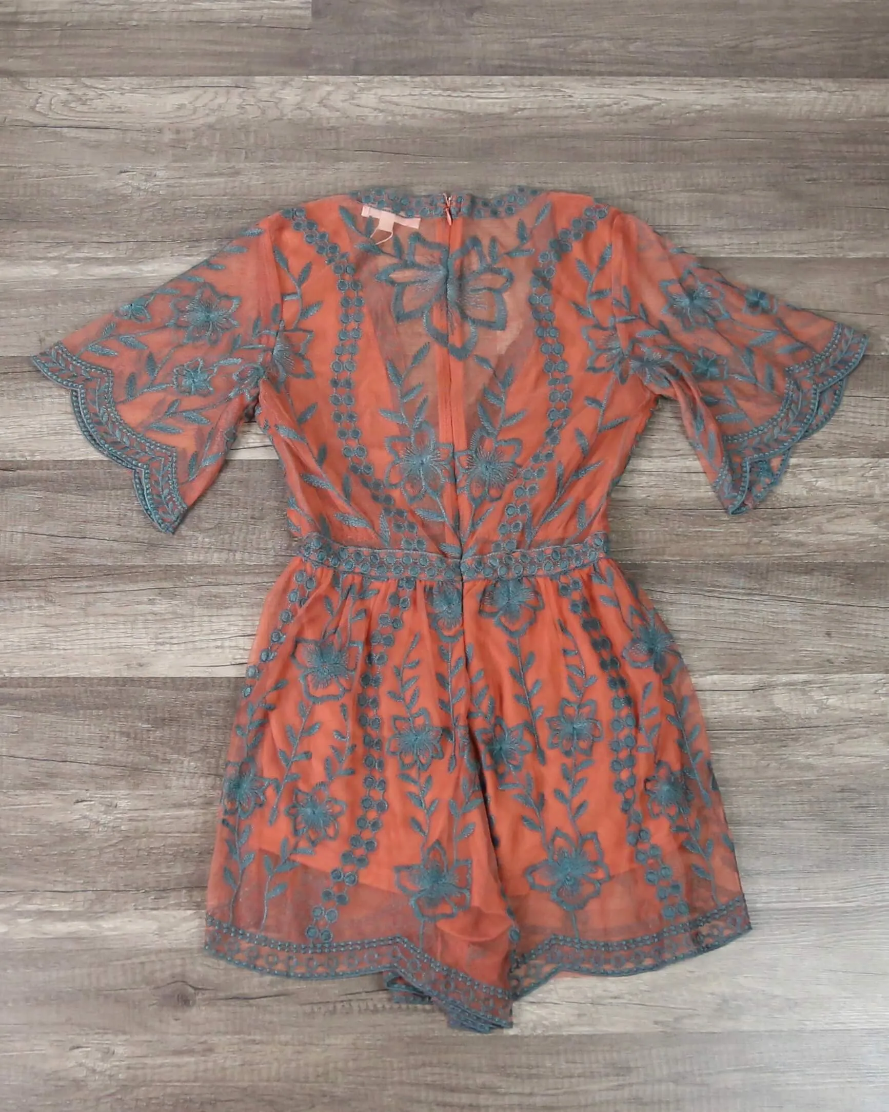 Honey Punch - As You Wish Contrasting Embroidered Lace Romper in Dusty Rust