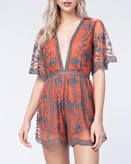 Honey Punch - As You Wish Contrasting Embroidered Lace Romper in Dusty Rust