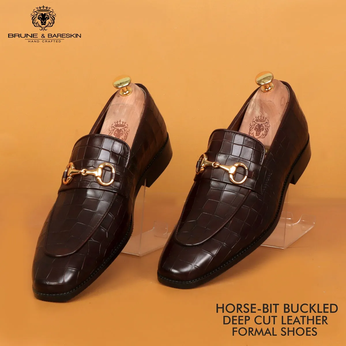 Horse-bit Buckled Slip-On Shoes in Dark Brown Deep Cut Leather Loafer