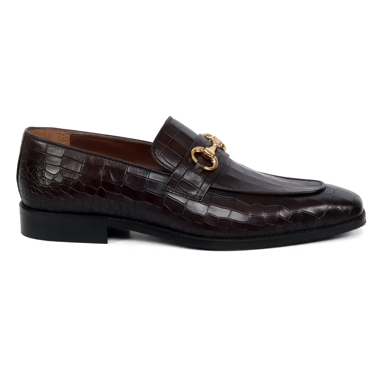 Horse-bit Buckled Slip-On Shoes in Dark Brown Deep Cut Leather Loafer