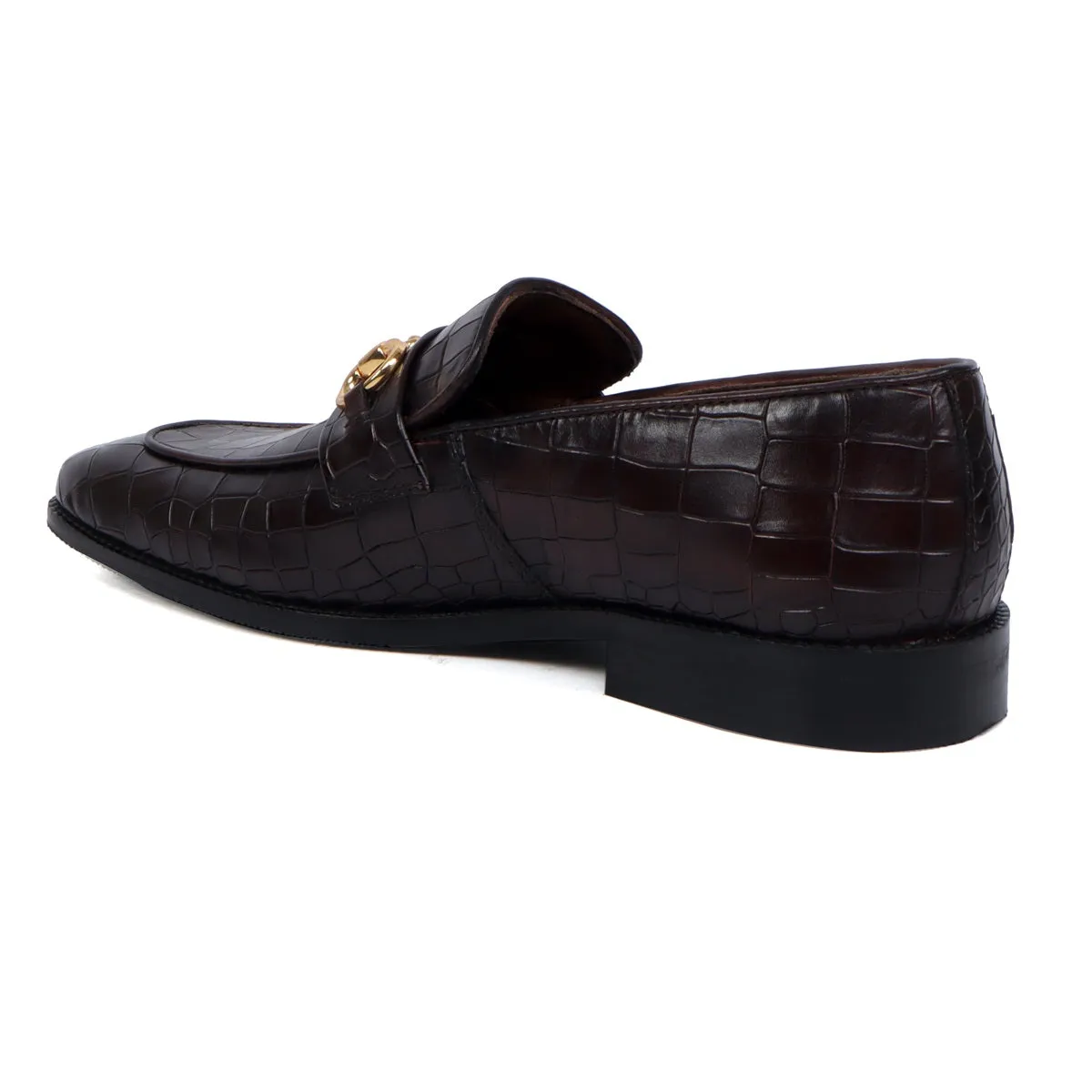 Horse-bit Buckled Slip-On Shoes in Dark Brown Deep Cut Leather Loafer