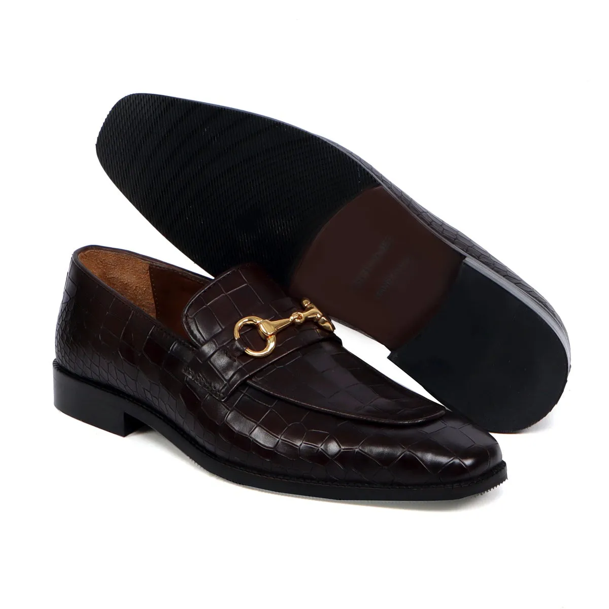 Horse-bit Buckled Slip-On Shoes in Dark Brown Deep Cut Leather Loafer