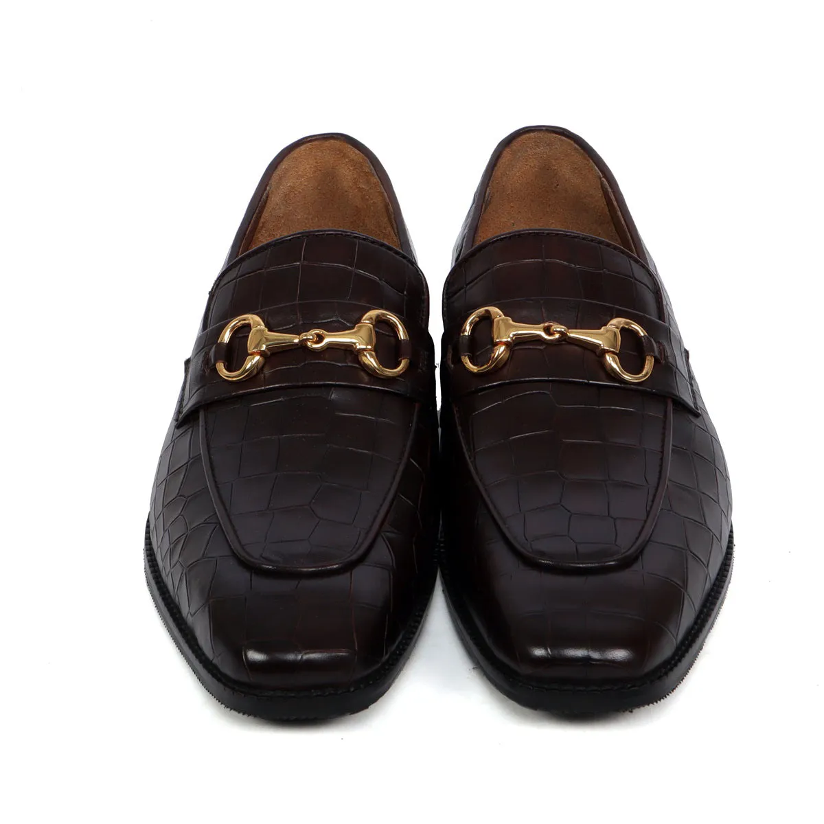 Horse-bit Buckled Slip-On Shoes in Dark Brown Deep Cut Leather Loafer