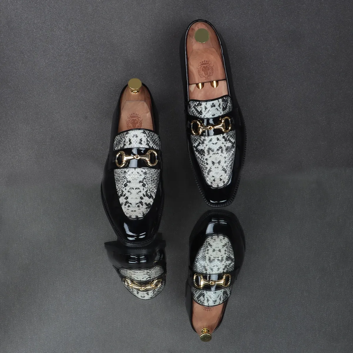 Horse-bit Buckled Slip-On Shoes With Snake Print Leather at Vamp in Black Patent Leather