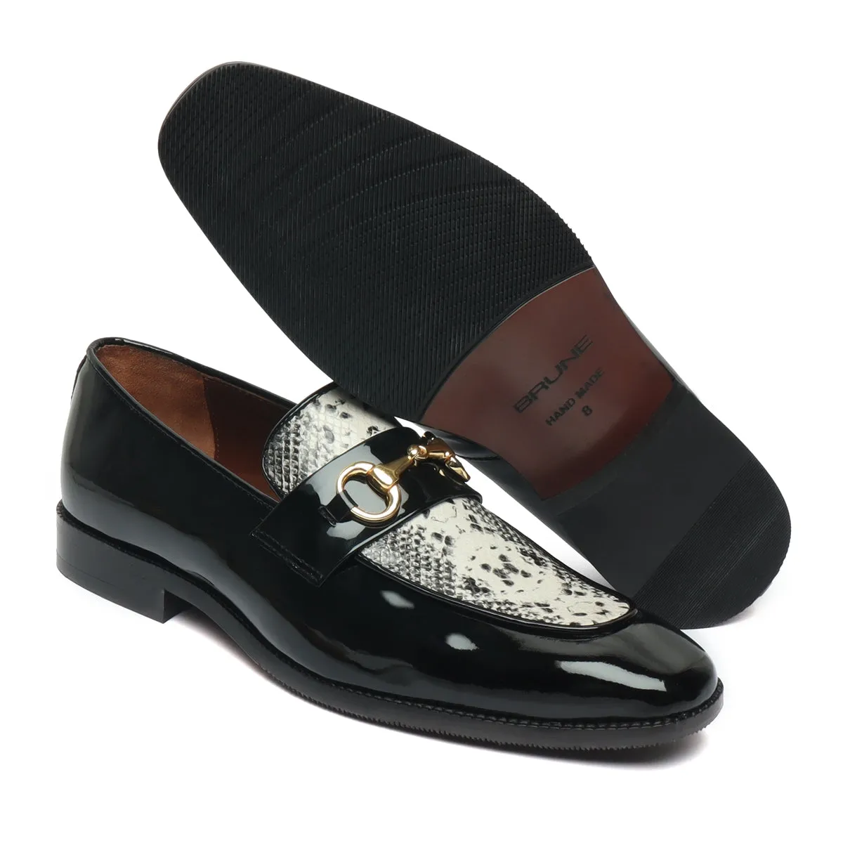 Horse-bit Buckled Slip-On Shoes With Snake Print Leather at Vamp in Black Patent Leather