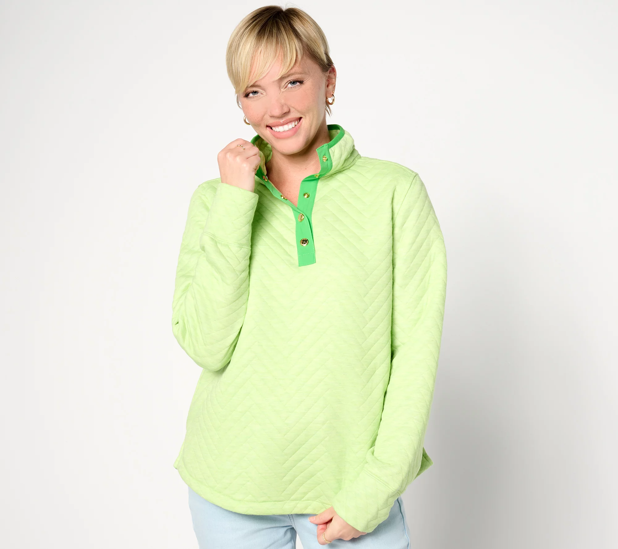 Isaac Mizrahi Live! Clubhouse Quilted Plush Knit Half Snap Pullover