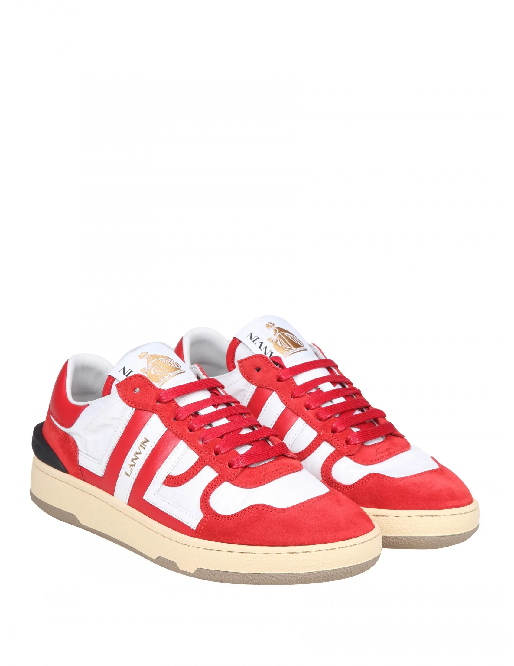 LANVIN CLAY LOW TOP SNEAKERS IN LEATHER AND NYLON COLOR WHITE/RED