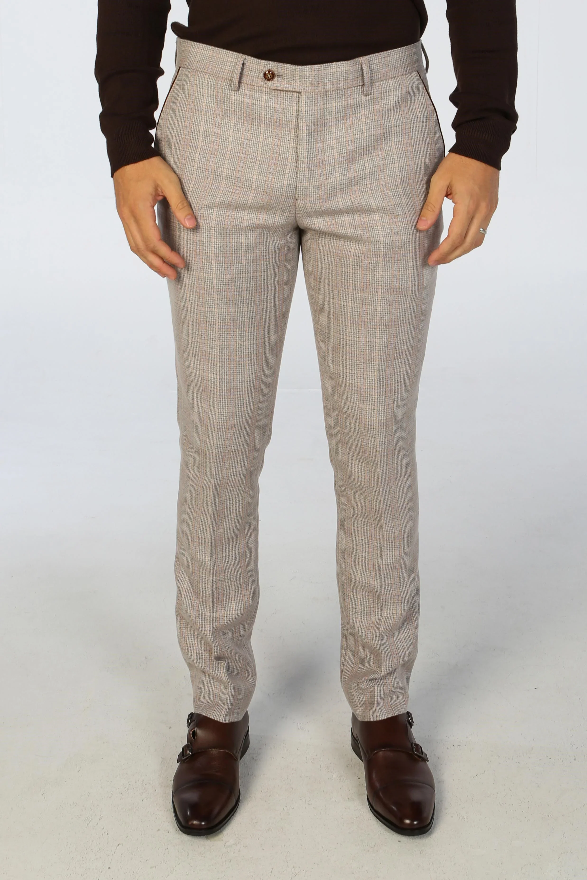 Leo - Men's Beige Checked Trousers