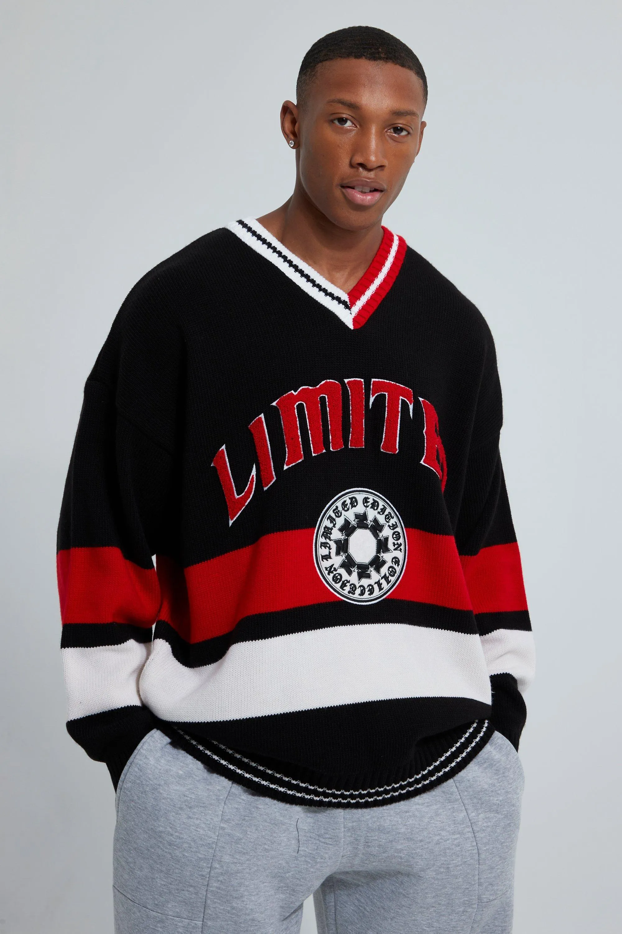 Limited V Neck Varsity Knitted Jumper