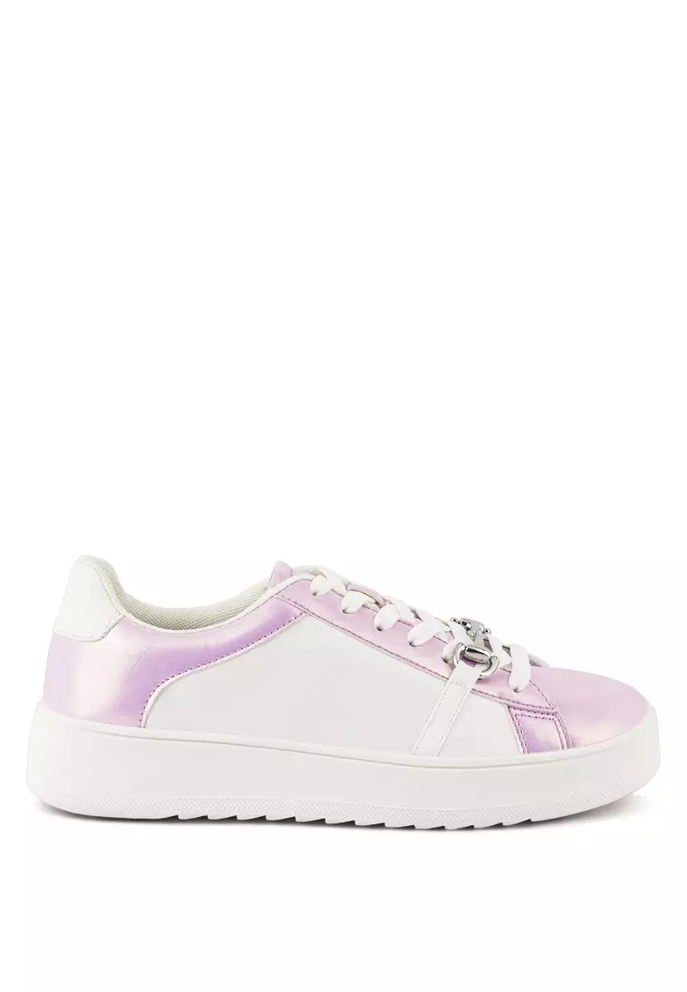 London Rag Metallic Faux Leather Sneakers in White Pink