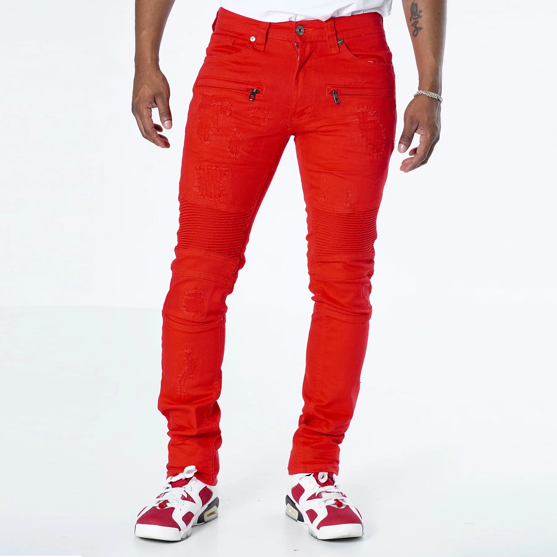 M1786 Makobi Prado Biker Jeans with Rip & Repair - Red