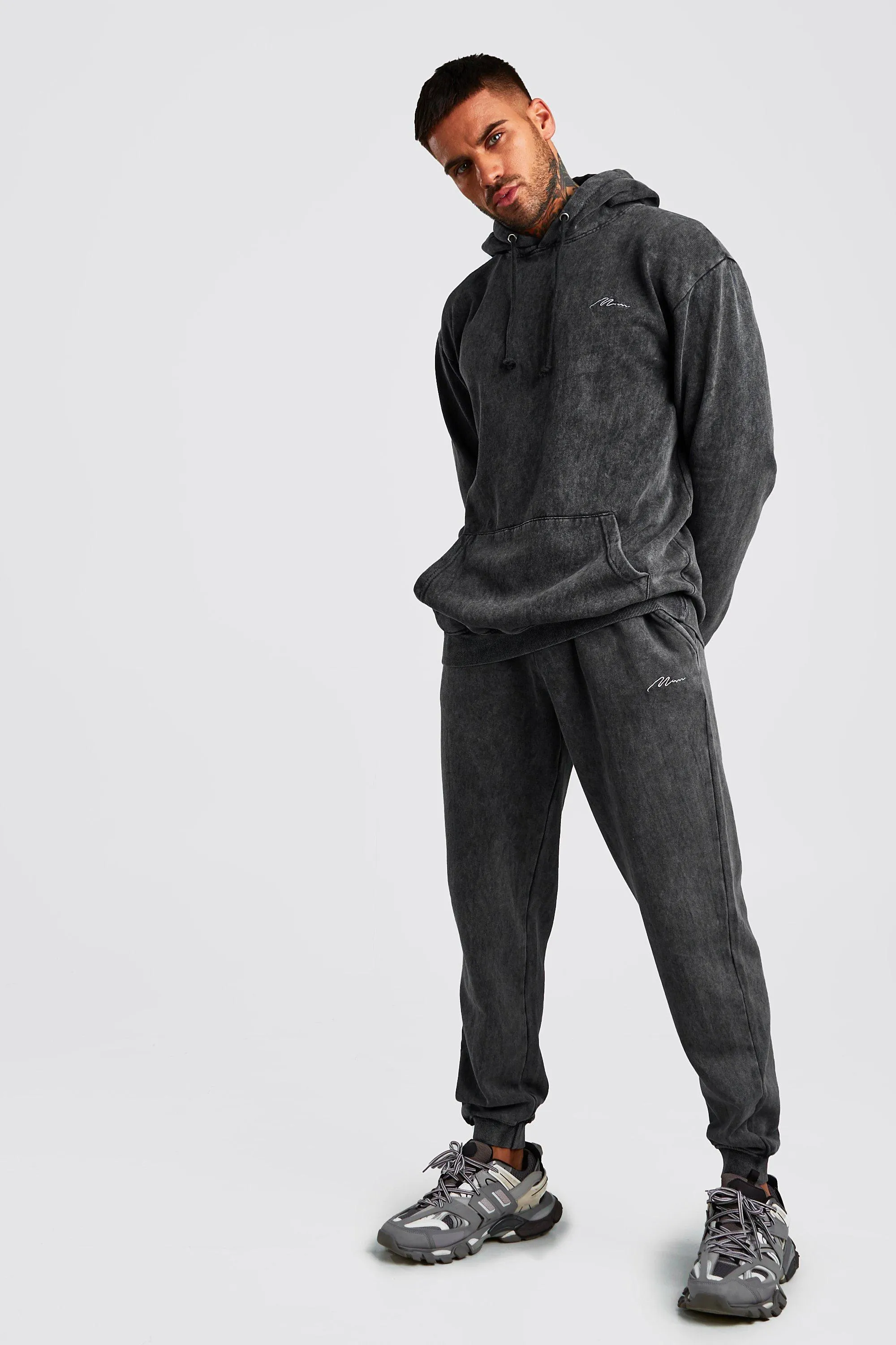 MAN Acid Wash Loose Fit Hooded Tracksuit | boohooMAN UK