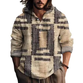 Men's Casual Printed Hooded Long-sleeved Loose Pullover Shirt 78972213M