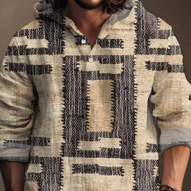 Men's Casual Printed Hooded Long-sleeved Loose Pullover Shirt 78972213M