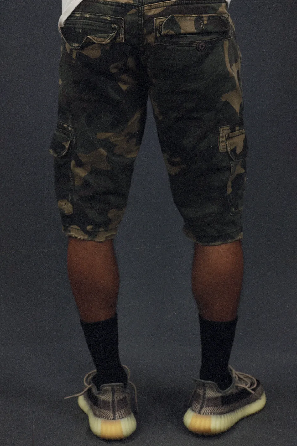 Men's Ripped Woodland Camo Vintage Distressed Cargo Shorts To Match Sneakers | Woodland