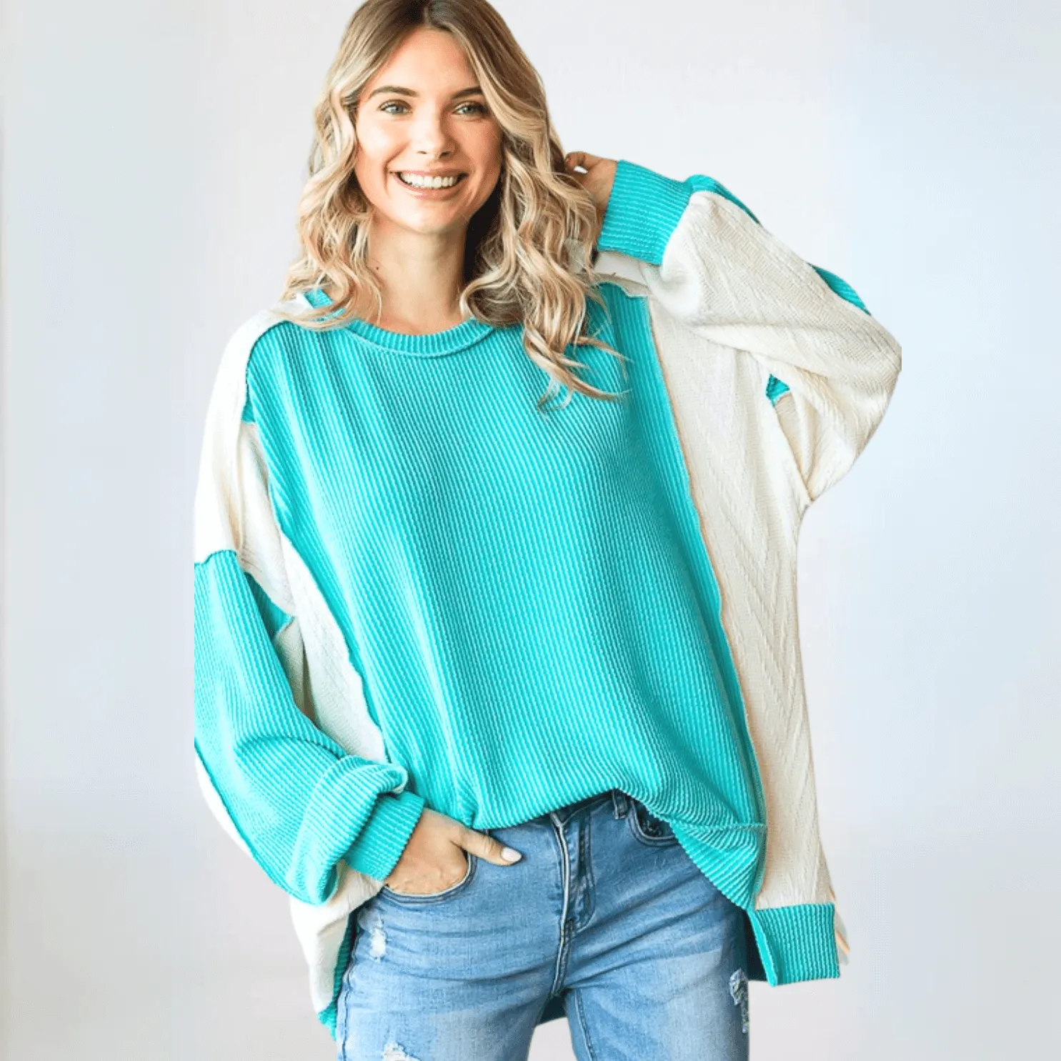 Mixed Media Oversized Color Block Pullover Made in USA