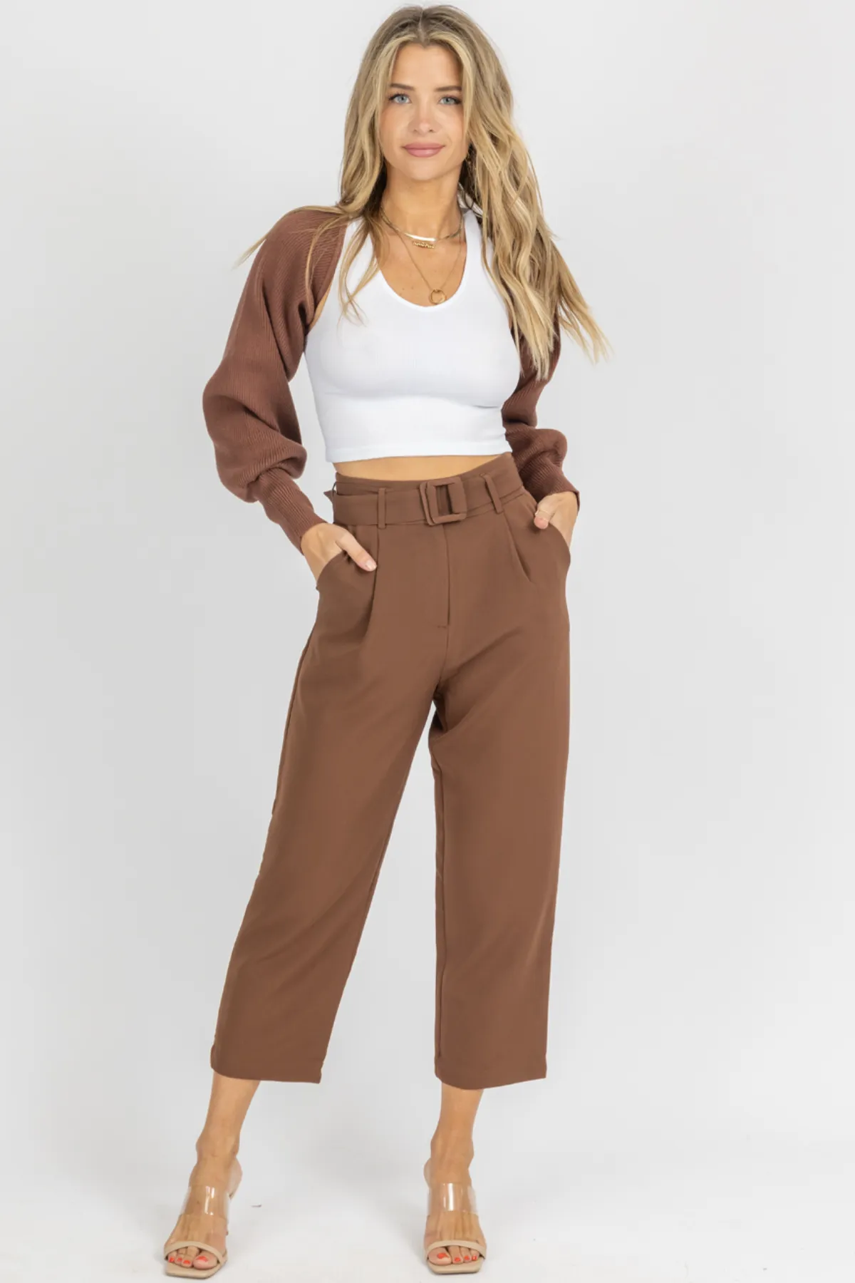 MOCHA BELTED STRAIGHT LEG TROUSERS