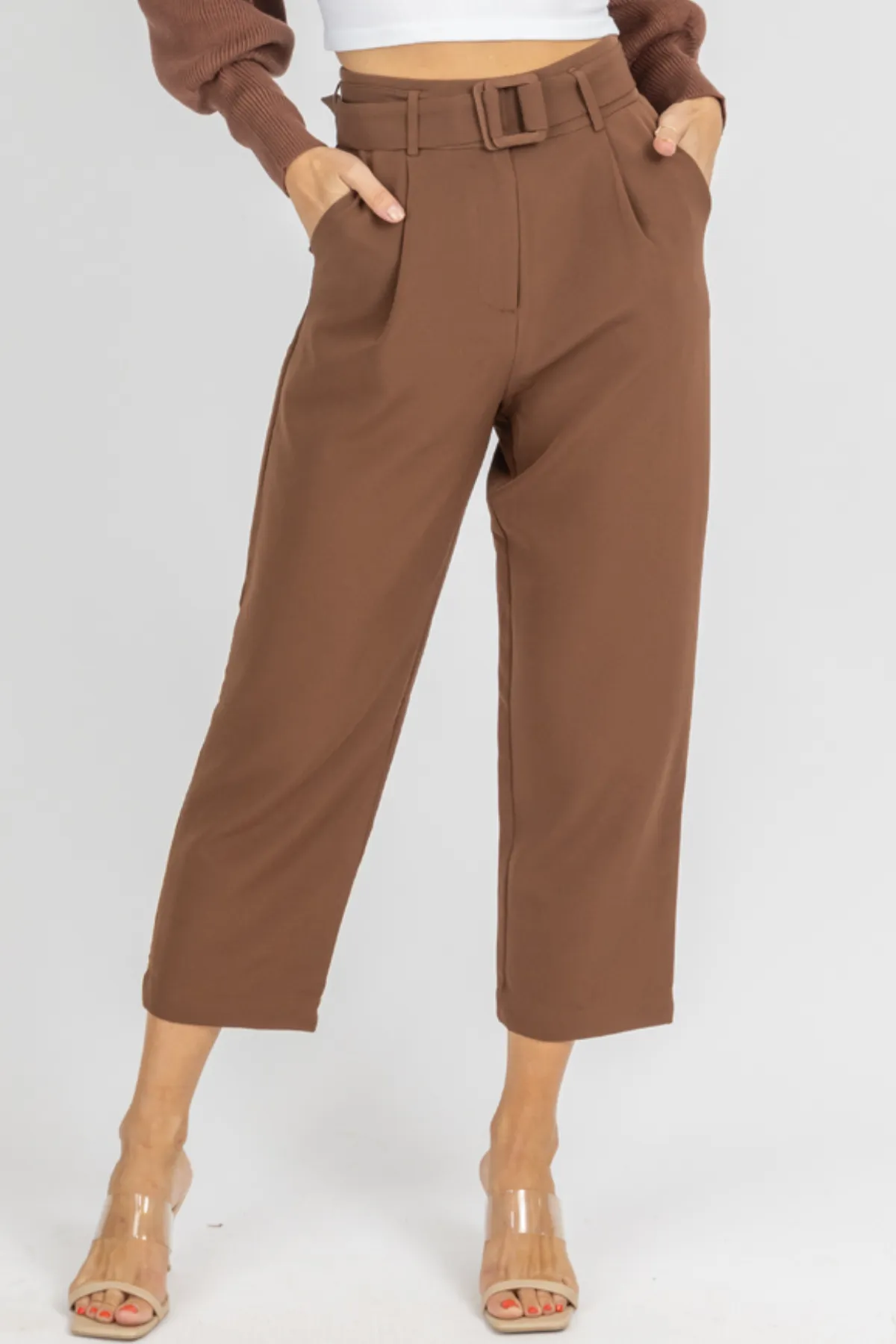 MOCHA BELTED STRAIGHT LEG TROUSERS