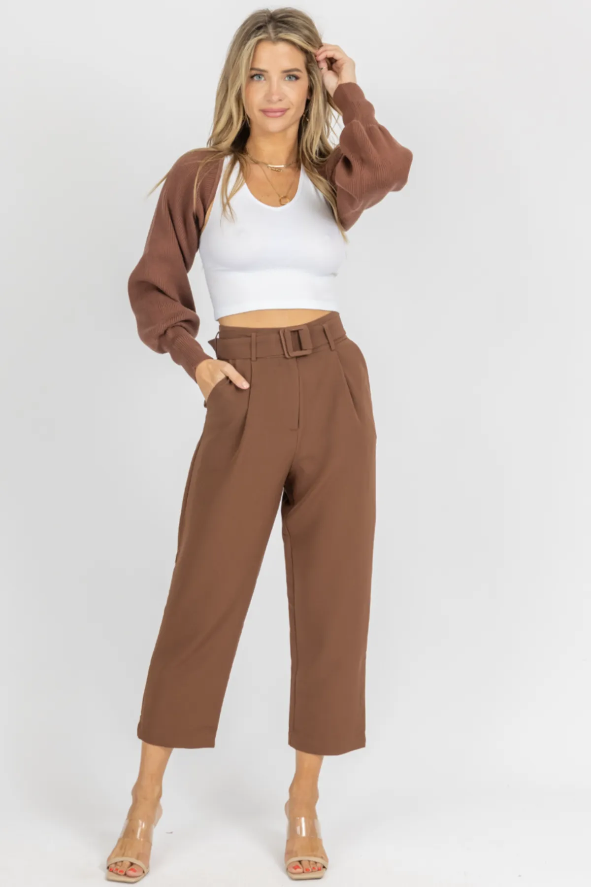 MOCHA BELTED STRAIGHT LEG TROUSERS