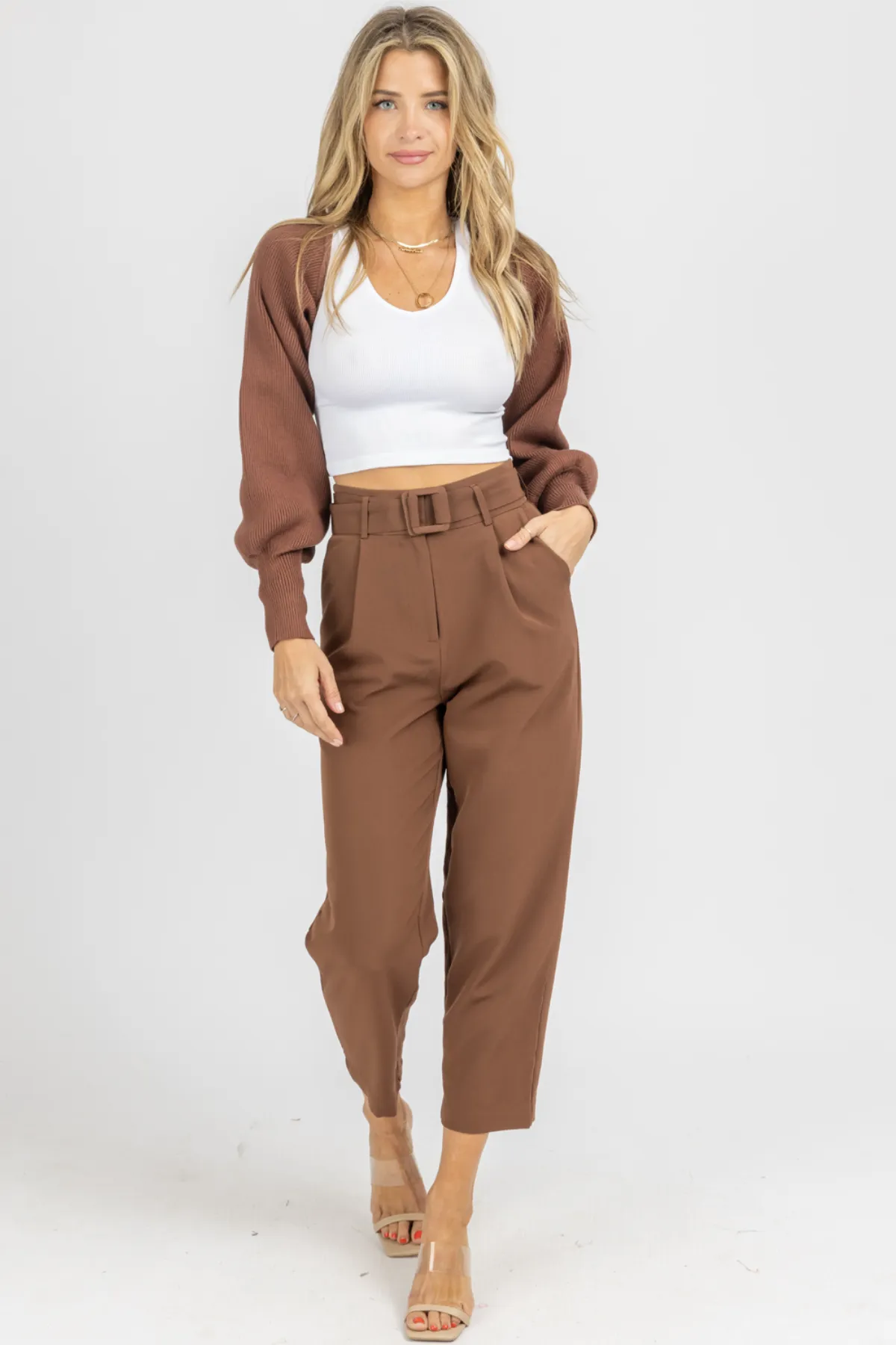 MOCHA BELTED STRAIGHT LEG TROUSERS