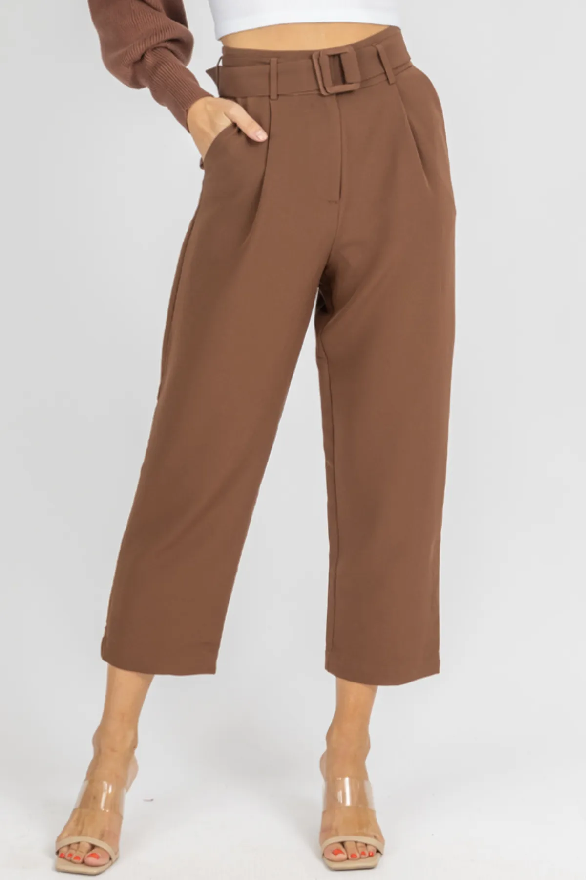 MOCHA BELTED STRAIGHT LEG TROUSERS