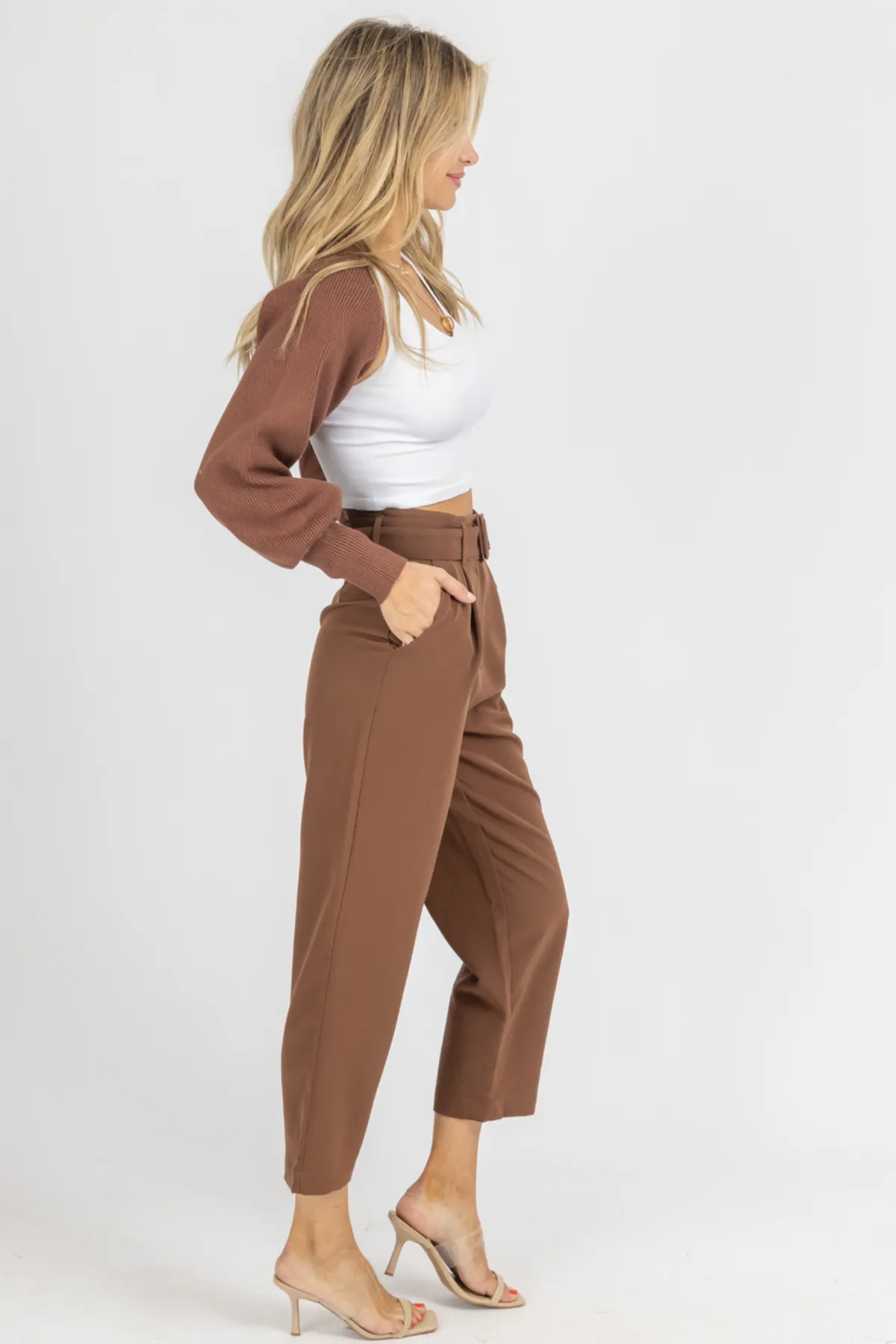 MOCHA BELTED STRAIGHT LEG TROUSERS