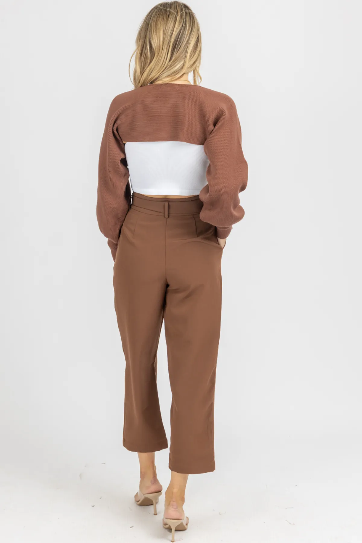 MOCHA BELTED STRAIGHT LEG TROUSERS