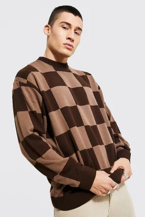 Oversized Checkerboard Knitted Jumper | boohooMAN UK