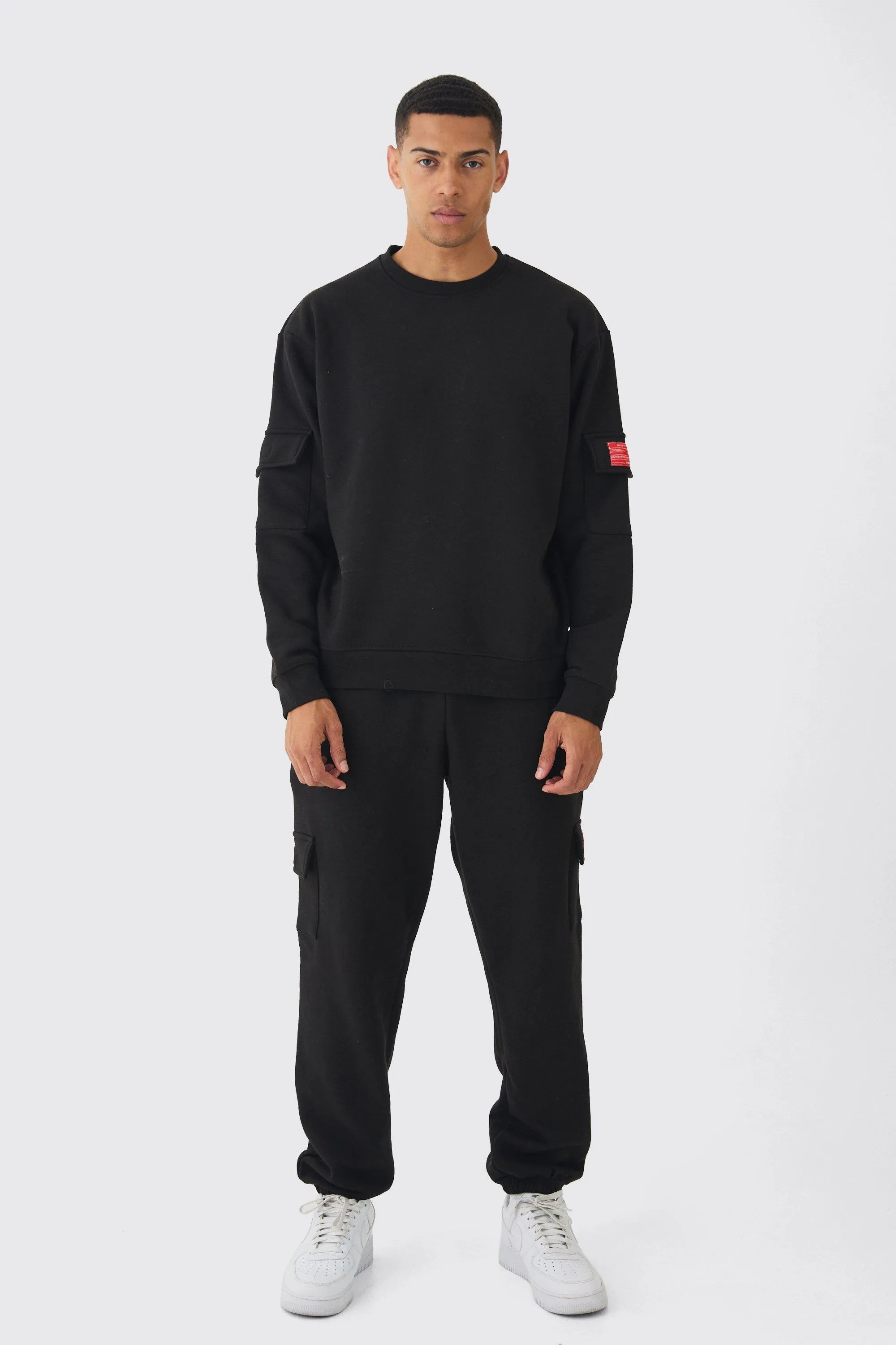 Oversized Man Tab Cargo Pocket Sweatshirt Tracksuit