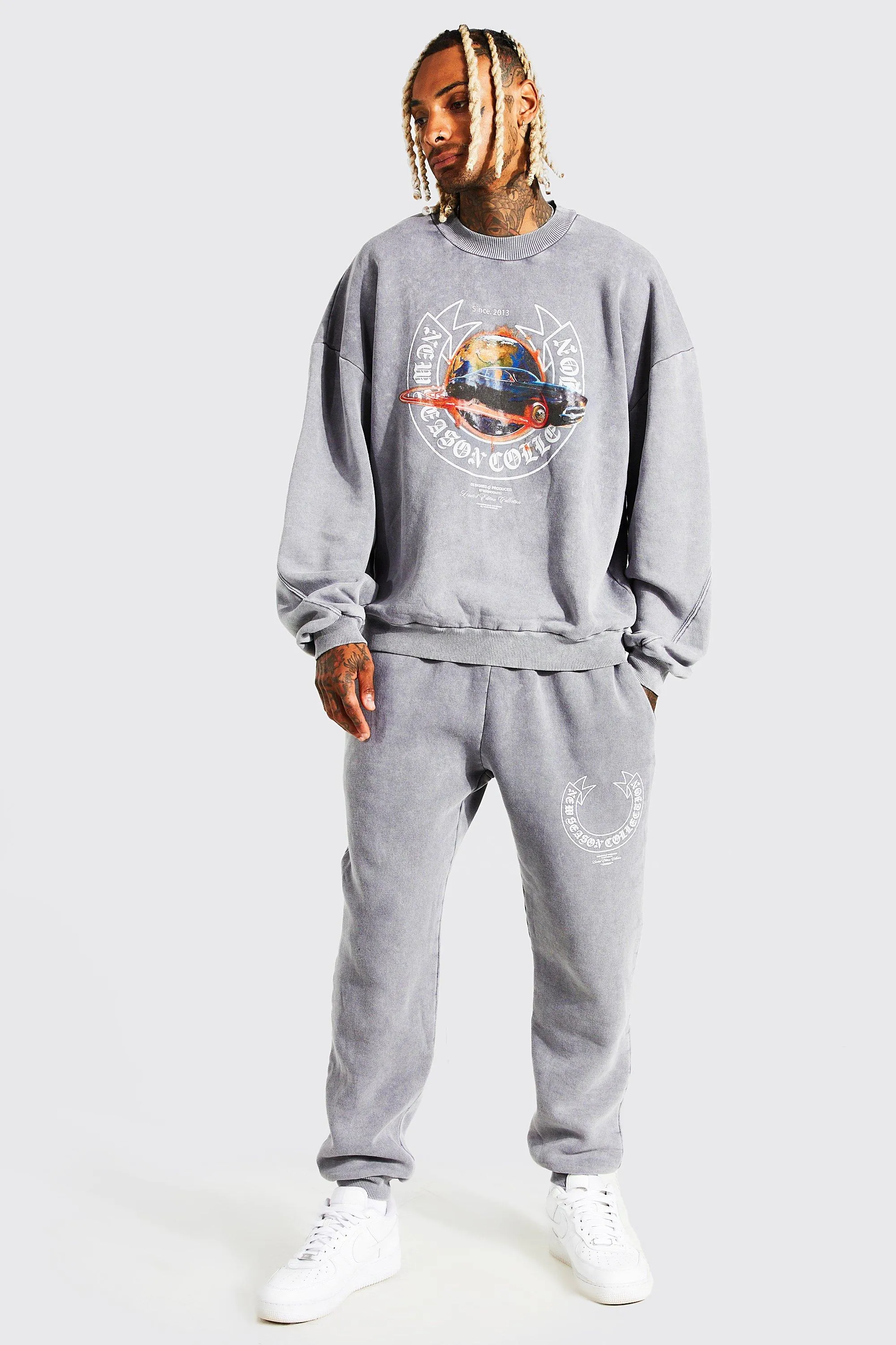 Oversized Season Car Washed Sweatshirt Tracksuit | boohooMAN UK