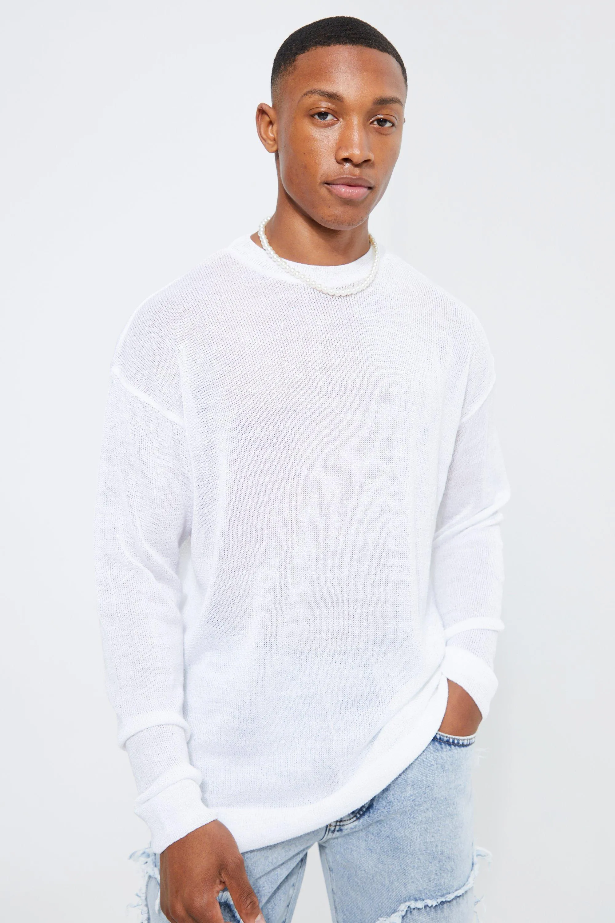 Oversized Sheer Knitted Jumper | boohooMAN UK