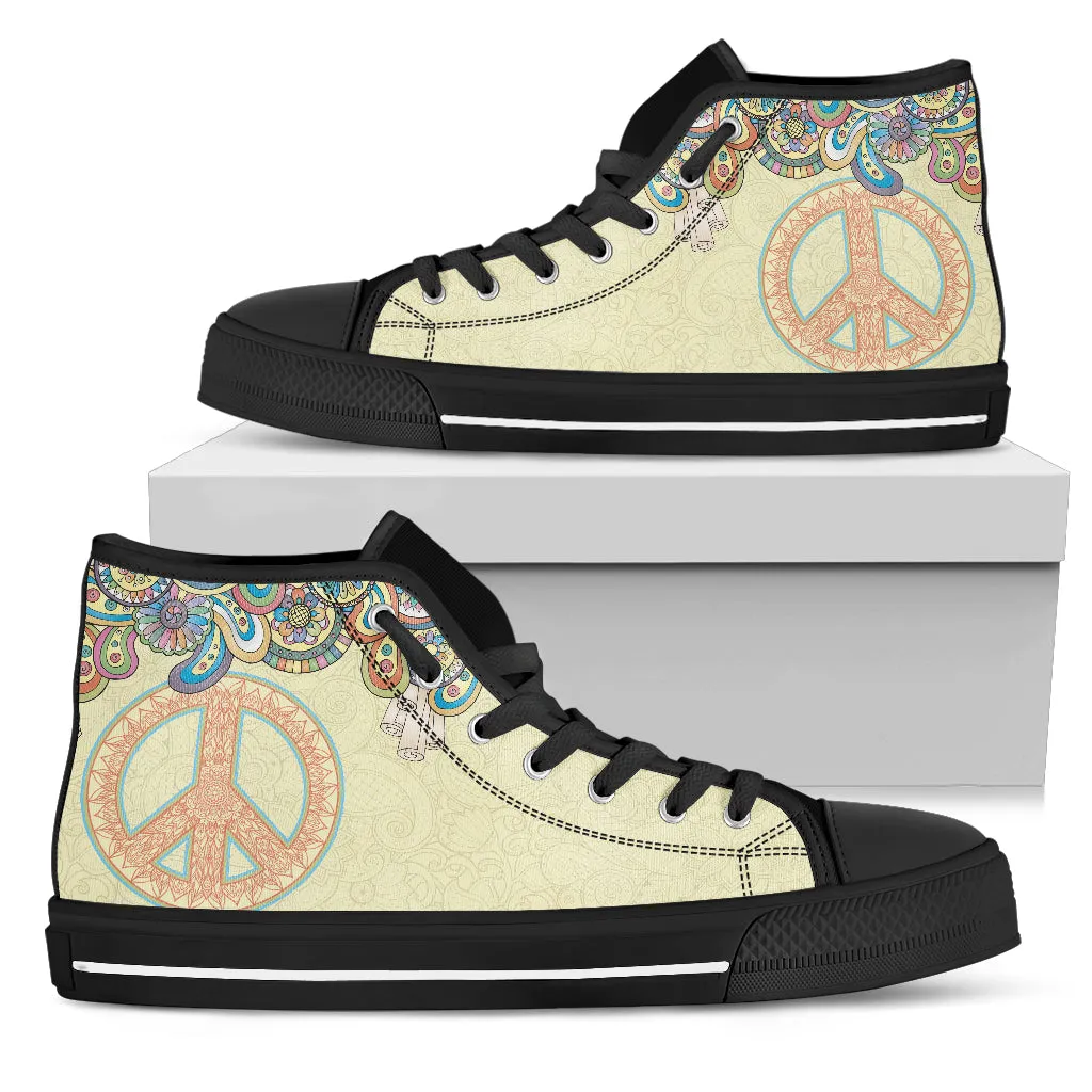 Peace Sign Black Sole Women's High Top Sneakers