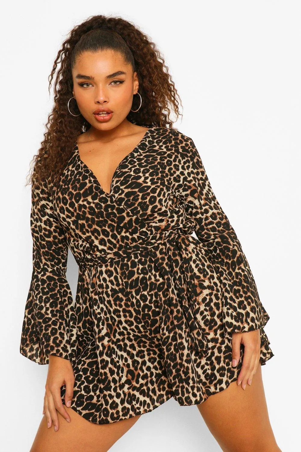 Plus Leopard Print Split Sleeve Romper