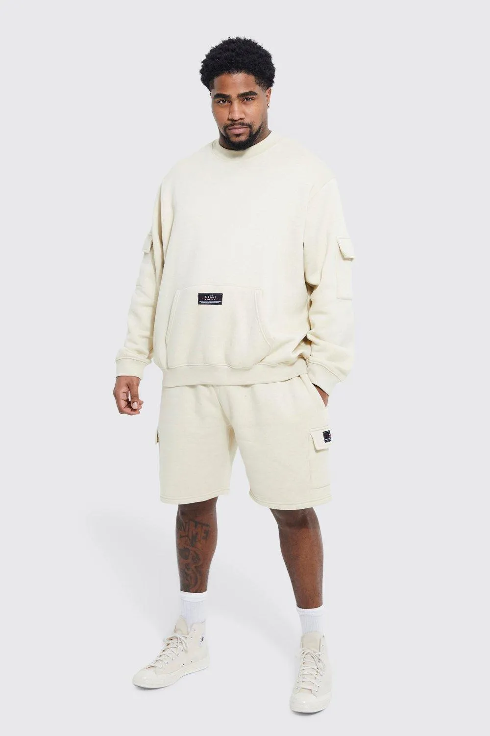 Plus Man Cargo Short Sweatshirt Tracksuit | boohooMAN UK