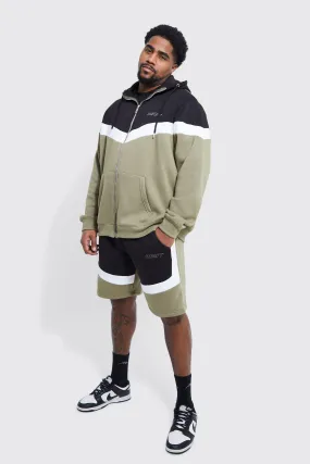 Plus Man Funnel Colour Block Short Tracksuit | boohooMAN UK