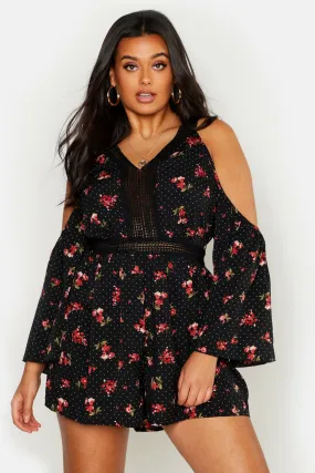 Plus Polka Dot Ditsy Floral Crochet Insert Romper