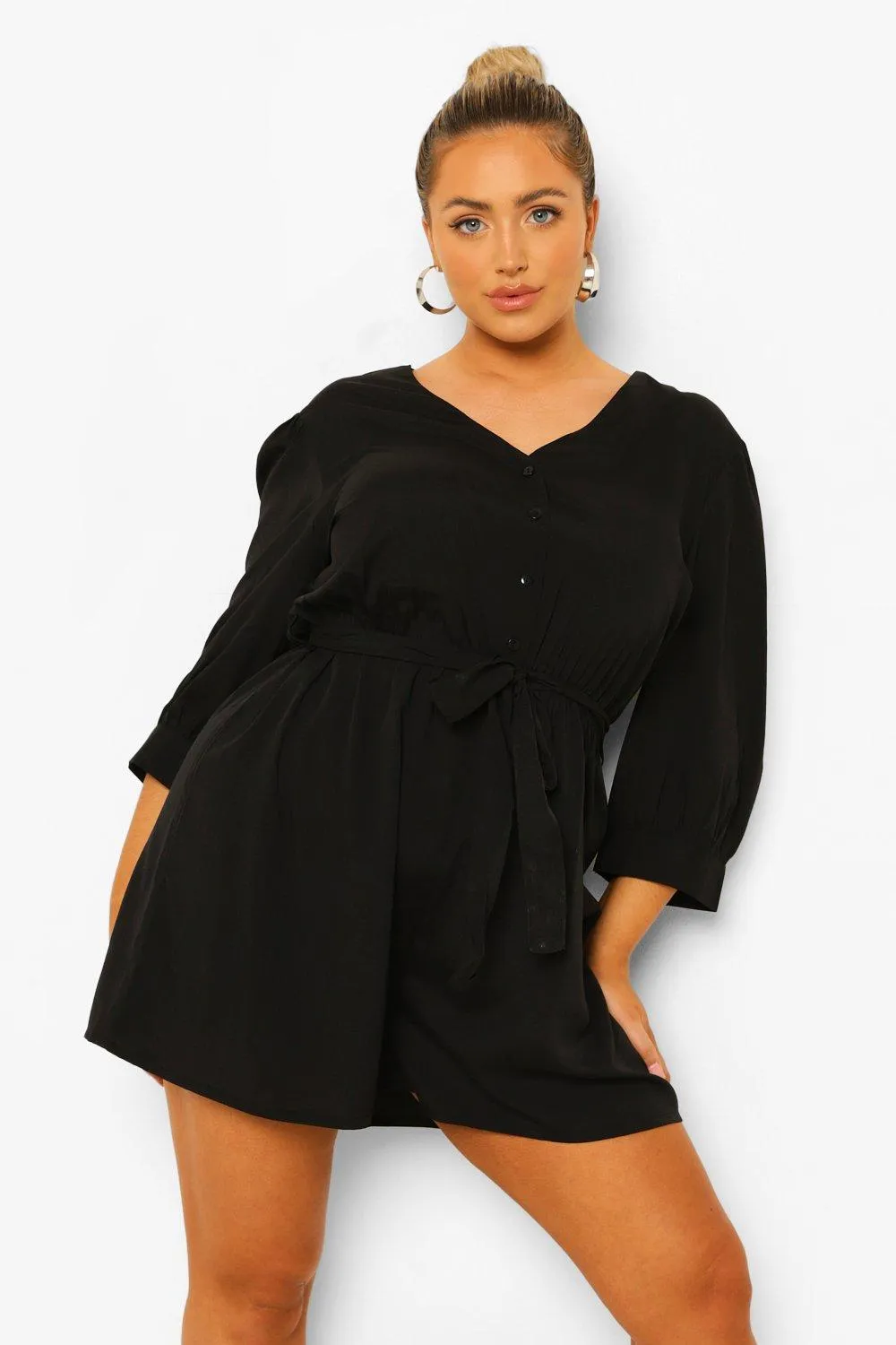 Plus V Neck Button Front Belted Romper