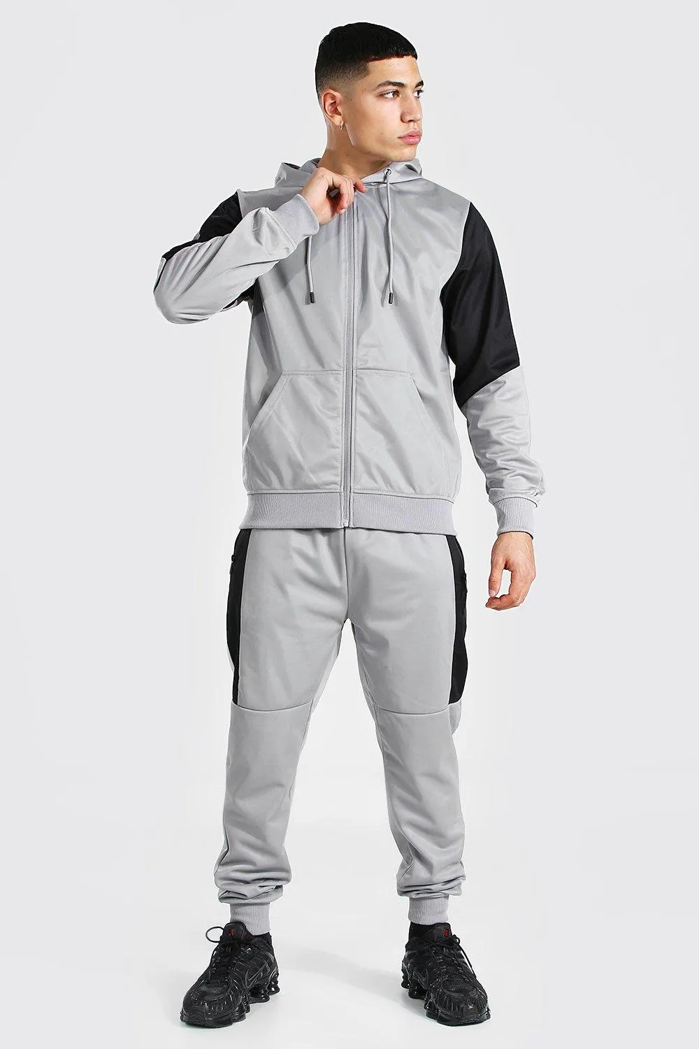 Poly Zip Hooded Tracksuit With Contrast Panel | boohooMAN UK