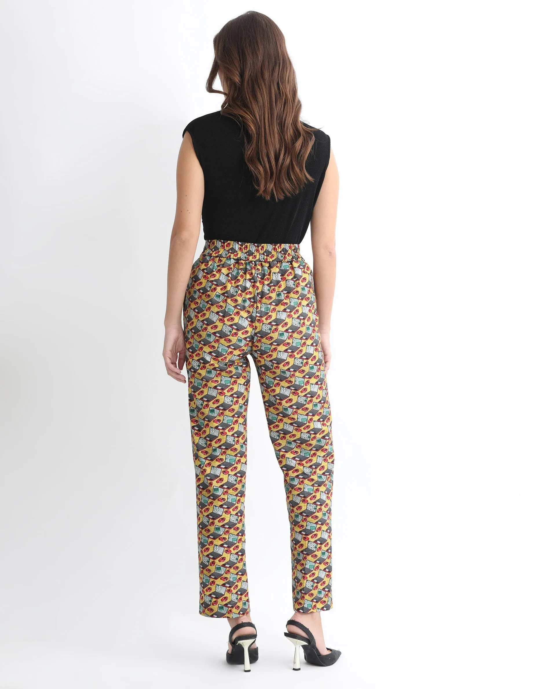 Rareism Women Hertie-B Yellow Cotton Blend Fabric Straight Fit Geometric Print Ankle Length Trousers