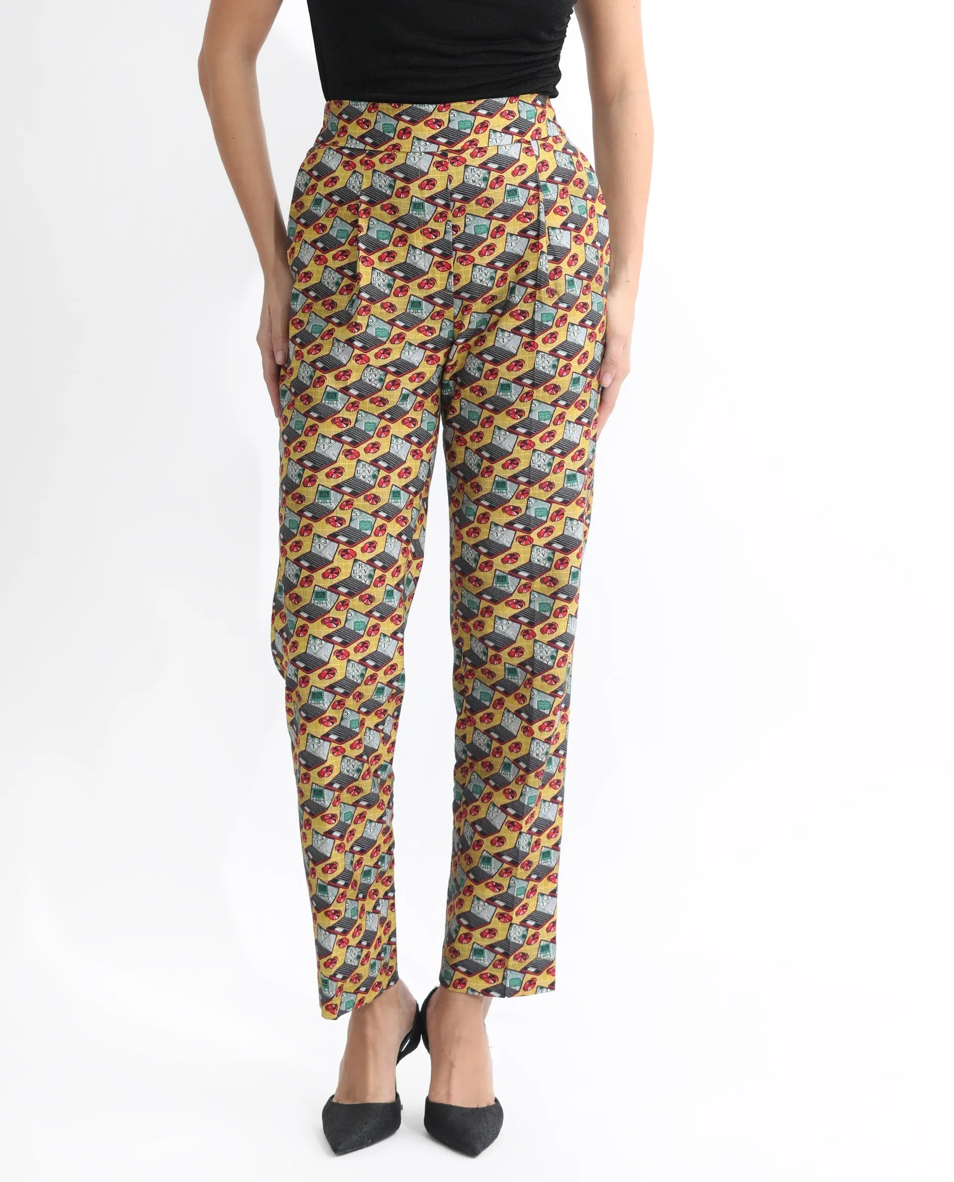 Rareism Women Hertie-B Yellow Cotton Blend Fabric Straight Fit Geometric Print Ankle Length Trousers