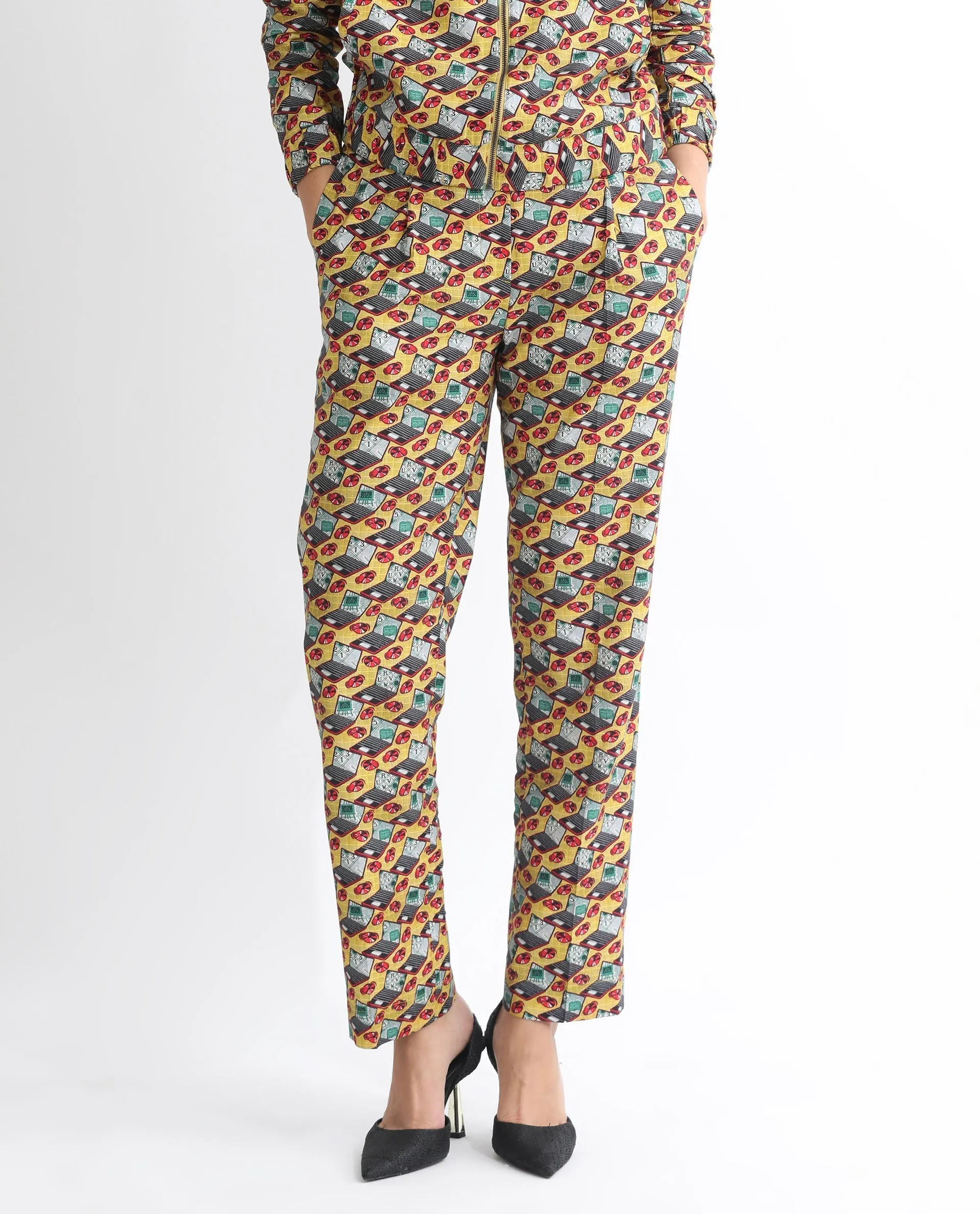 Rareism Women Hertie-B Yellow Cotton Blend Fabric Straight Fit Geometric Print Ankle Length Trousers