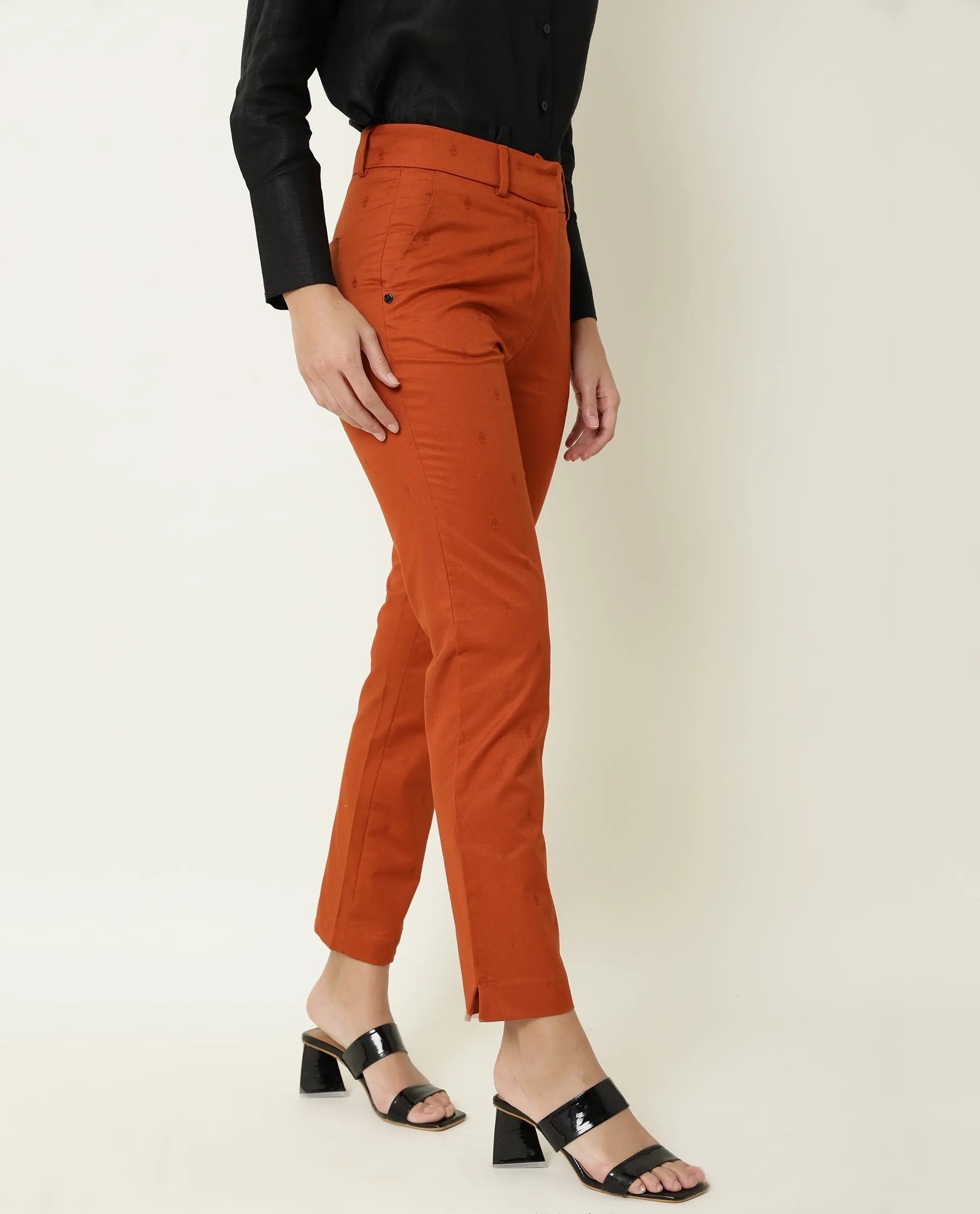 Rareism Women Odyssey Rust Viscose Fabric Tailored Fit High Rise Solid Ankle Length Trousers