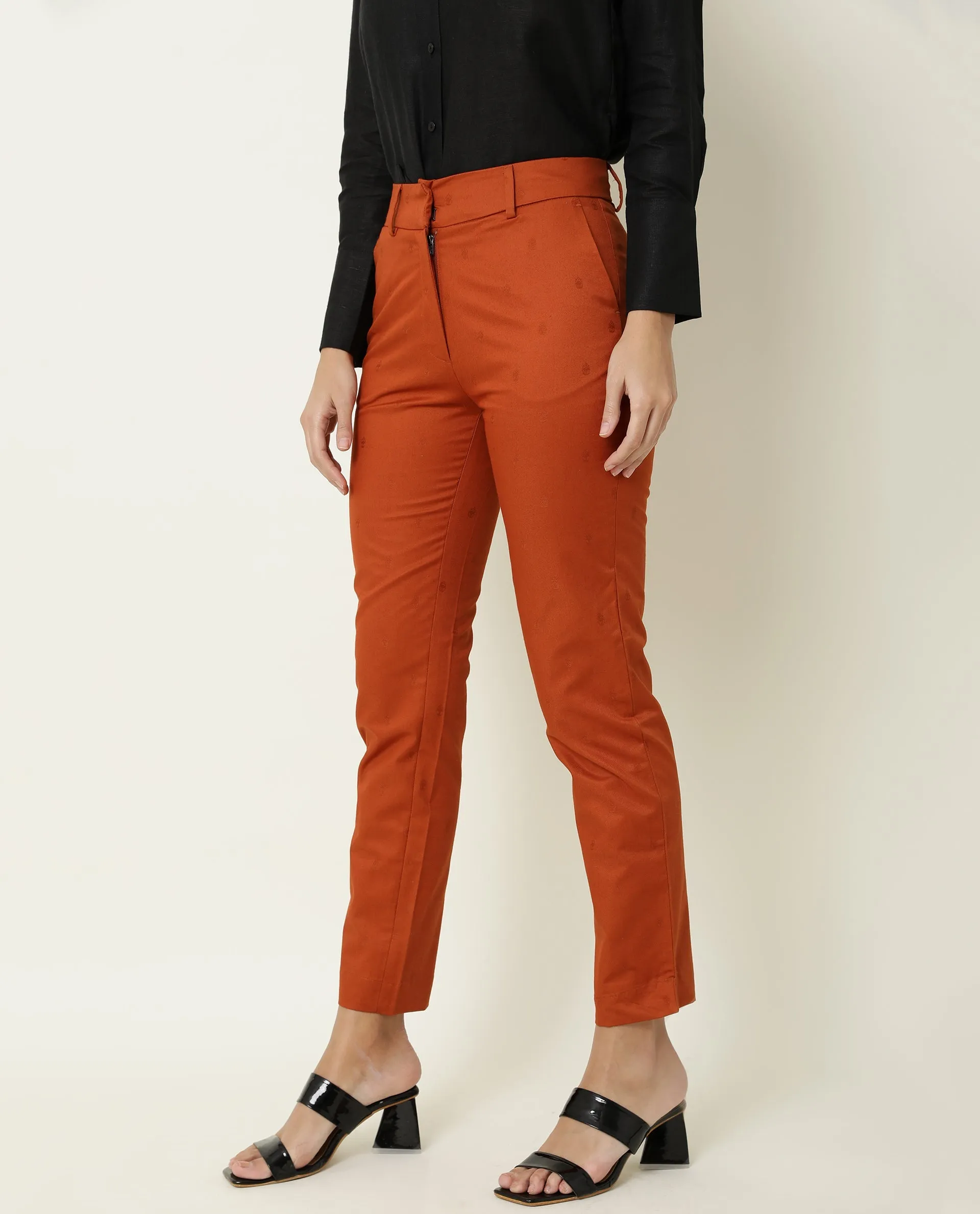 Rareism Women Odyssey Rust Viscose Fabric Tailored Fit High Rise Solid Ankle Length Trousers