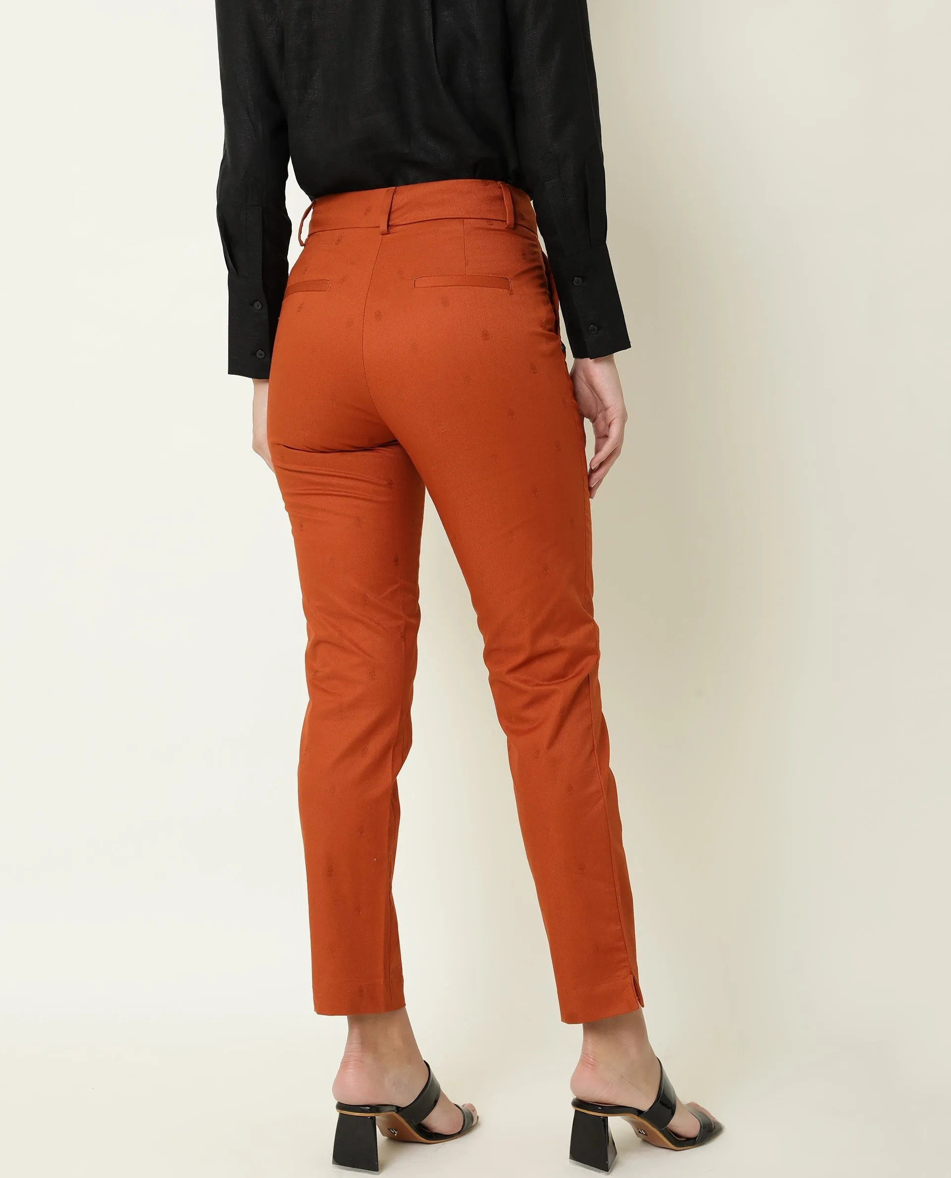 Rareism Women Odyssey Rust Viscose Fabric Tailored Fit High Rise Solid Ankle Length Trousers