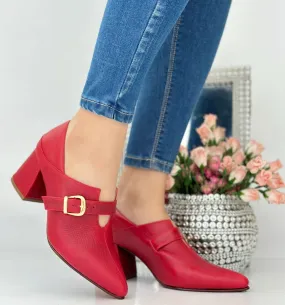 Red Buckle Block Heel Shoes