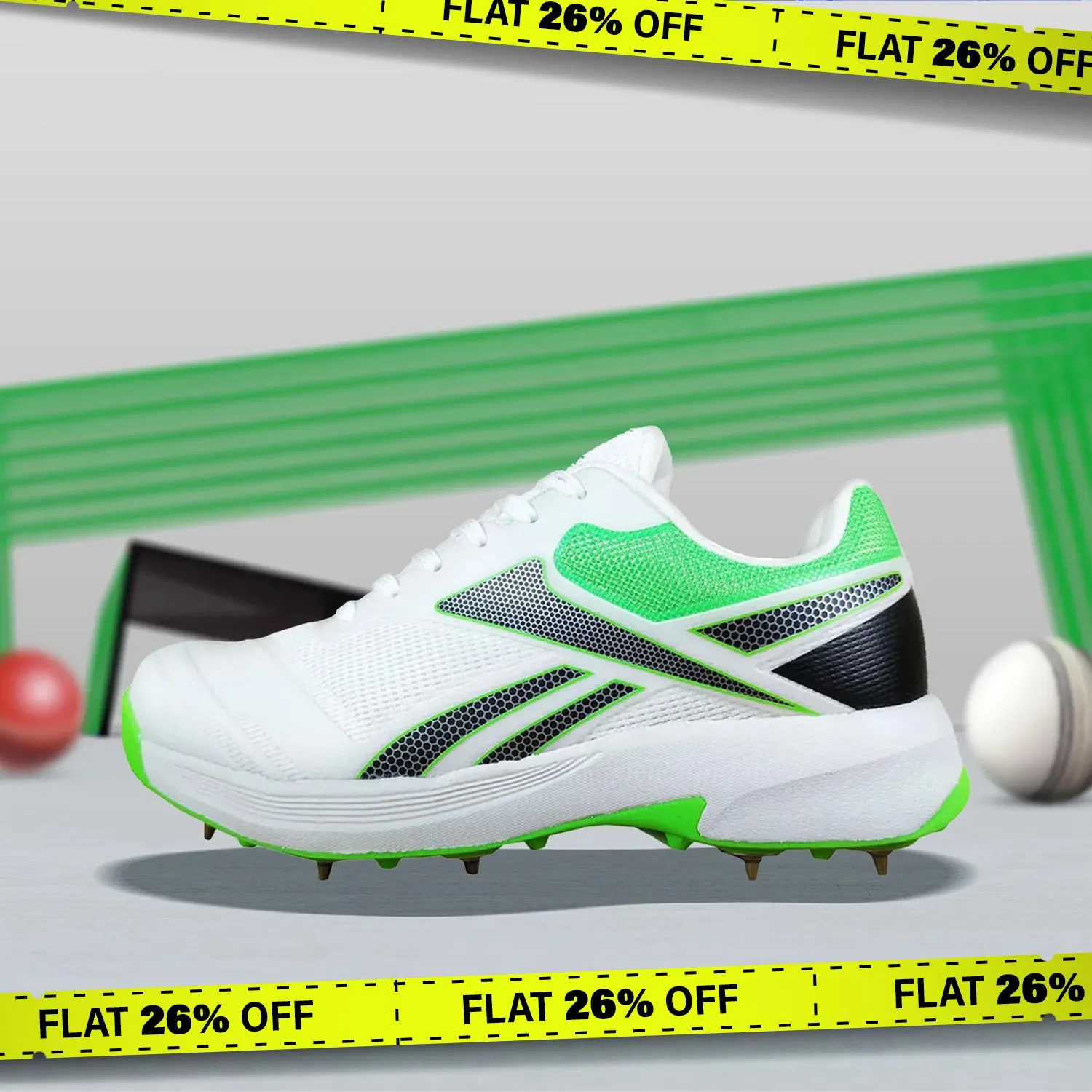 Reebok All Round Kaiser Cricket Spike Shoes (White/Black/Lime-R)  DOD