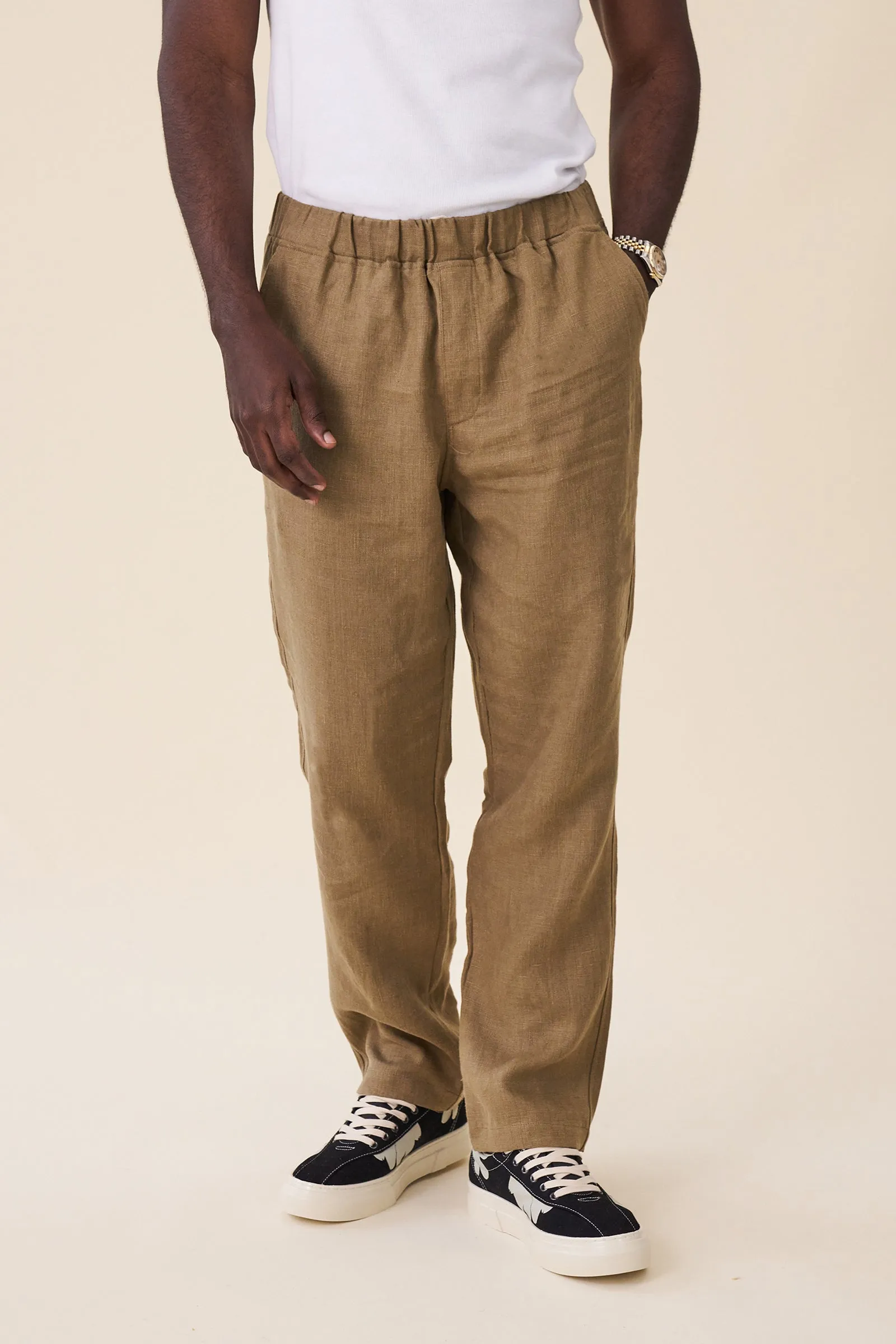 RELAXED WIDE LEG LINEN TROUSERS - ARMY GREEN