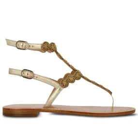 Saint Azzurra Metallic Platin Leather With Hand Embroidery Sandals