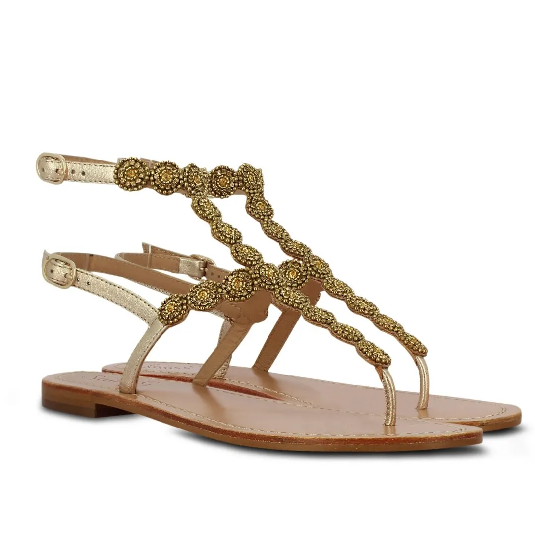 Saint Azzurra Metallic Platin Leather With Hand Embroidery Sandals